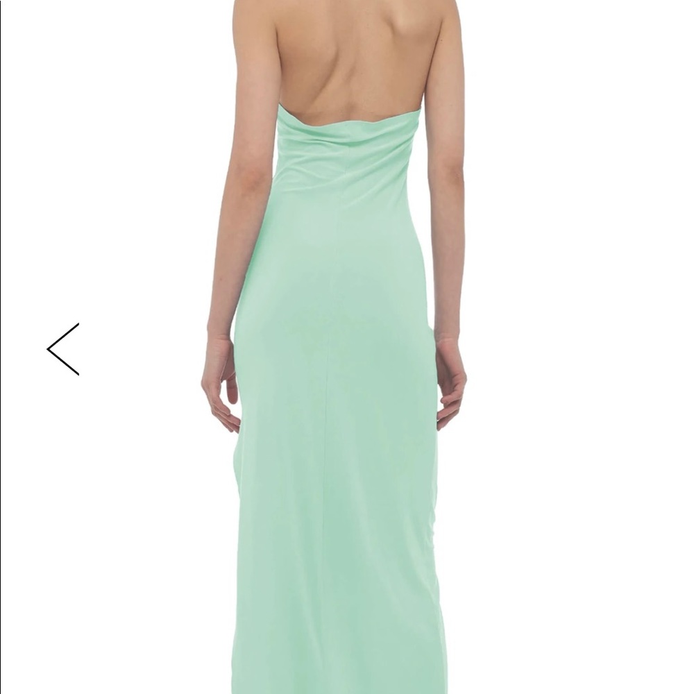 Seafoam green Norma Kamali turtle neck dress with slit